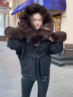 Chic Black Belted Coat Women Elegant Brown Fur - Trimmed Collar and Cuffs Middle Long Coats Lady Warm Cold - Weather Wear - Matrix Studios