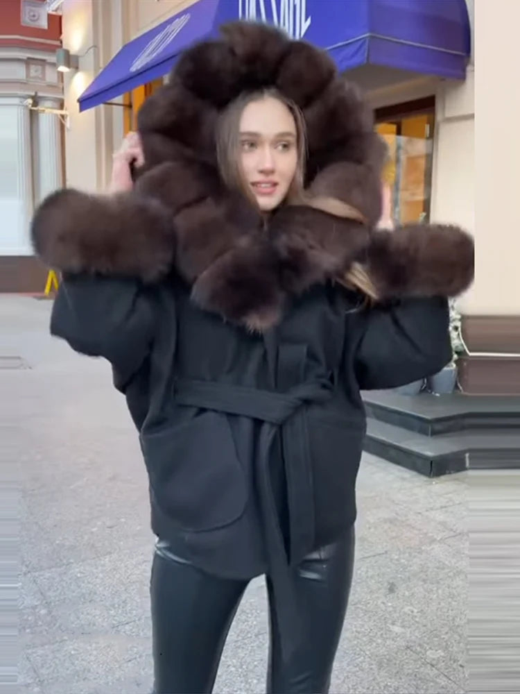 Chic Black Belted Coat Women Elegant Brown Fur - Trimmed Collar and Cuffs Middle Long Coats Lady Warm Cold - Weather Wear - Matrix Studios