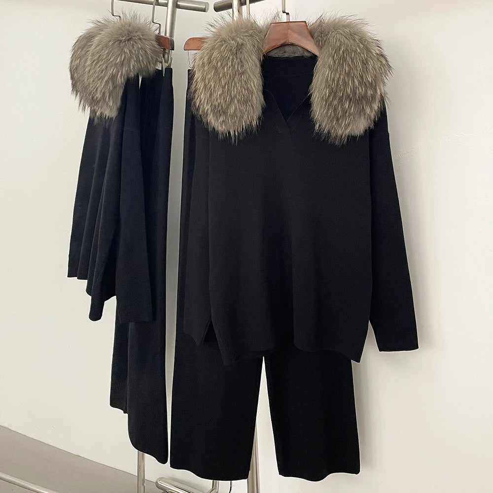 Reality Fur Jacket Pullover Set Woman Spring Knitted Suit Knitwear Female Real Fox Fur Collar Sweater Lady Autumn Knitted New - Matrix Studios