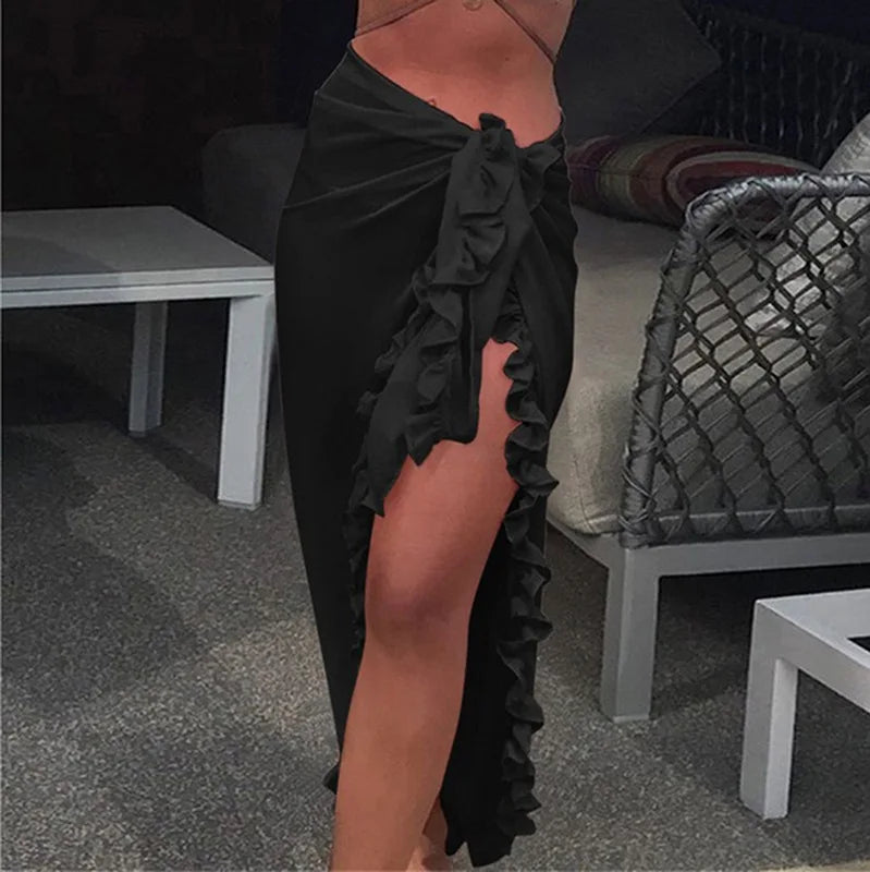 5 Colors Ruffle Sarong for Women 2024 Summer Solid Bikini Long Skirt Beach Dress Swimming Sun Protection Swim Cover Ups Monokini - Matrix Studios