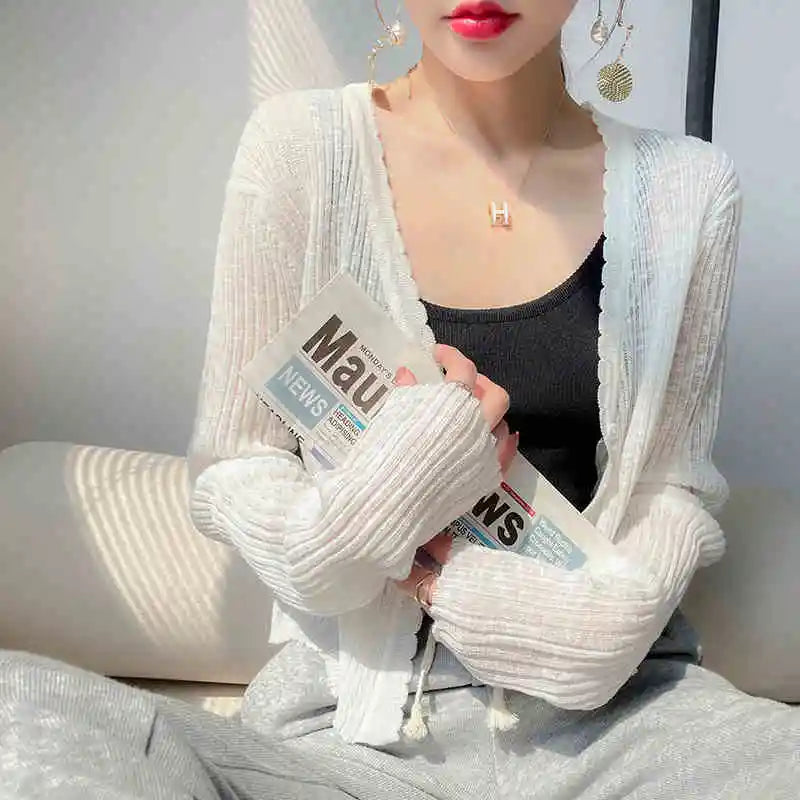 AOSSVIAO 2026 Spring Summer Ice Silk Knitted Thin Women's Cardigan French Style Sun Protection Shawl Sweater Coat Knit Crop Tops - Matrix Studios