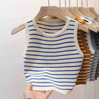 2026 Spring Summer New Sleeveless Ice Silk Knit Tank Top Striped O-Neck Women's Camisole Slim Fit Versatile Sexy Crop Tops - Matrix-studios.com