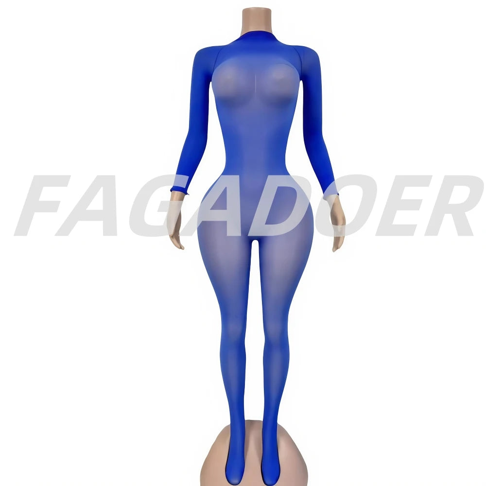 FAGADOER Summer New Sexy Mesh See Through Bodycon Jumpsuit Woman Long Sleeved Round Neck Rompers Female Party Club Overalls - Matrix Studios
