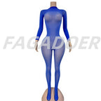FAGADOER Summer New Sexy Mesh See Through Bodycon Jumpsuit Woman Long Sleeved Round Neck Rompers Female Party Club Overalls - Matrix Studios