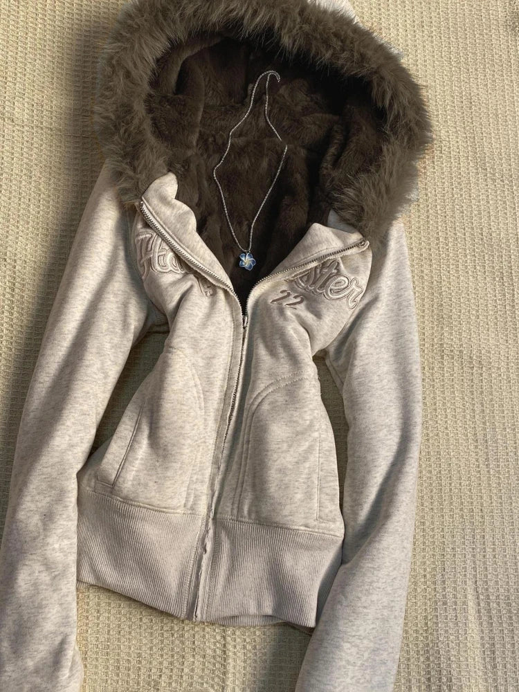Y2k Aesthetic Vintage Fur Patchwork Hoodies Autumn Grunge Letter Embroidery Hoody Streetwear Cropped Zipper Sweatshirt Jackets - Matrix Studios