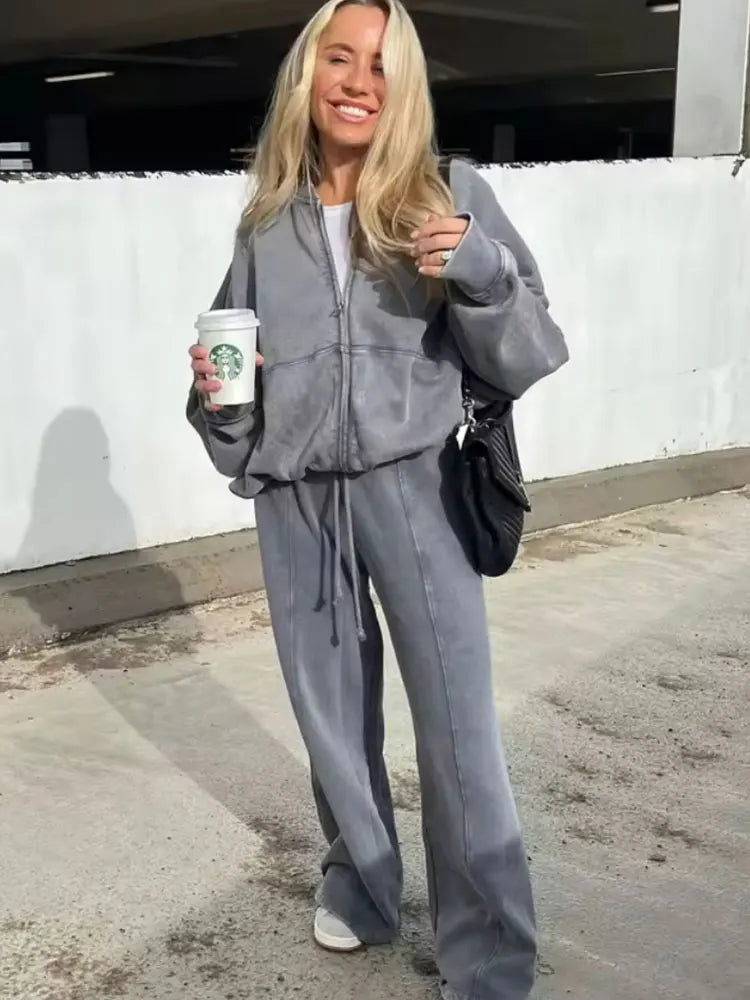 HH Women's Fall 2-Piece Retro Solid Color Zip Bomber Jacket Sweatshirt+High Waist Lace Up Women's Wide Leg Pants Street Wear - Matrix-studios.com
