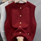 Knitted Sweater Vest Women Gold Buckle O-Neck Sleeveless Chic Red Knit Pullovers Soft Elegant Sweater Fall Winter Vests Clothing - Matrix Studios