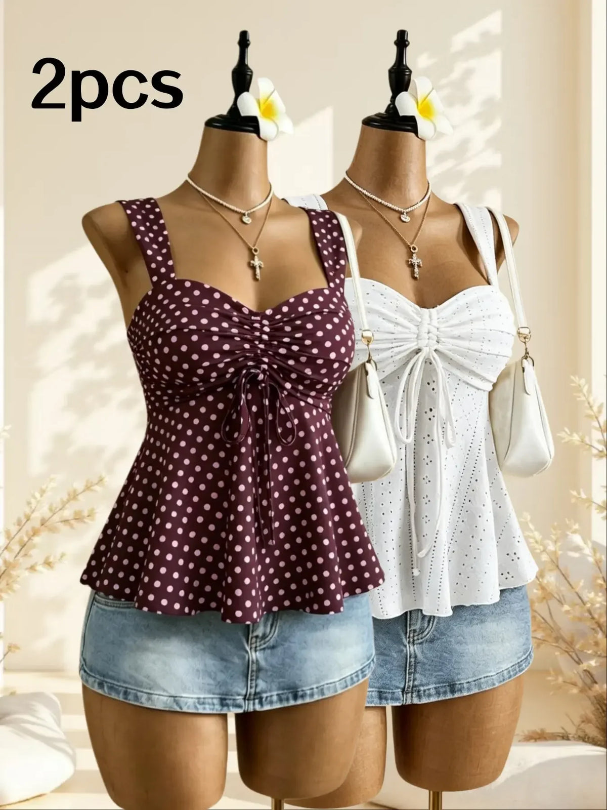 Women Sweetheart Neck Drawstring Ruched Peplum Cami Top Polka Dot Print Sleeveless Casual Camisole Outfit - Matrix-studios.com