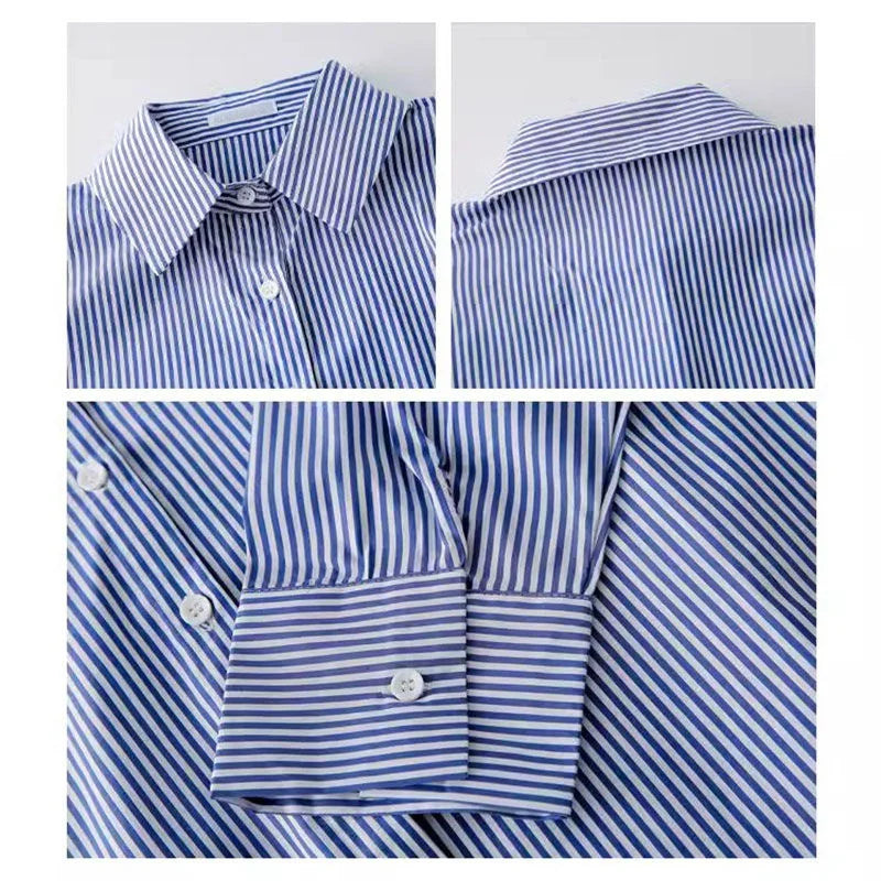 Classic Striped Woman Spring Autumn Blouses Shirt Lady Long Lantern Sleeve Stand Collar Loose Blusas Tops - Matrix-studios.com