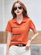 New Women Summer Cotton Polo T-shirt Fashion Turn-down Collar Short Sleeve Contrast Color T-shirt Casual Simplicity Loose Tees - Matrix-studios.com