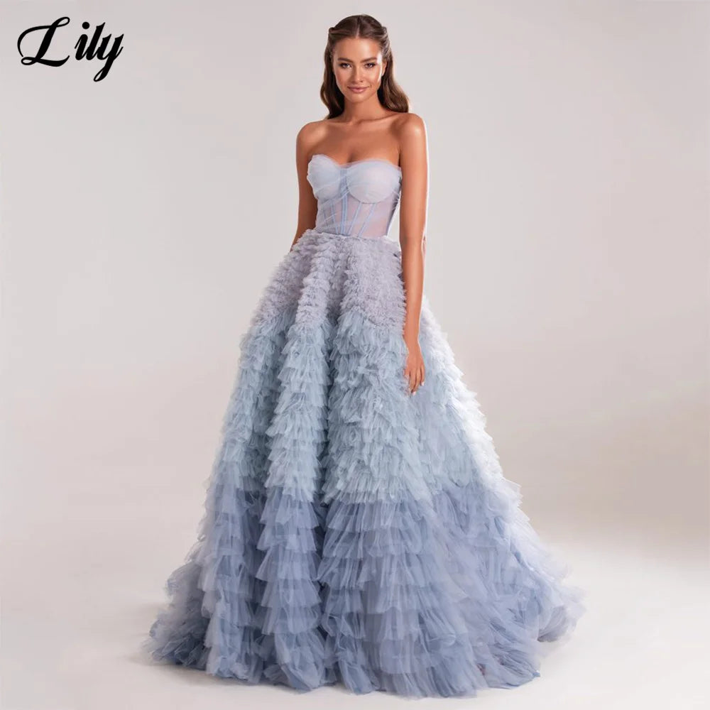 Lily Dusty Blue Sweetheart Evening Dresses Sleeveless Net Charming Prom Dresses Tiered Layer Party Dresses for Woman Customized - Matrix Studios