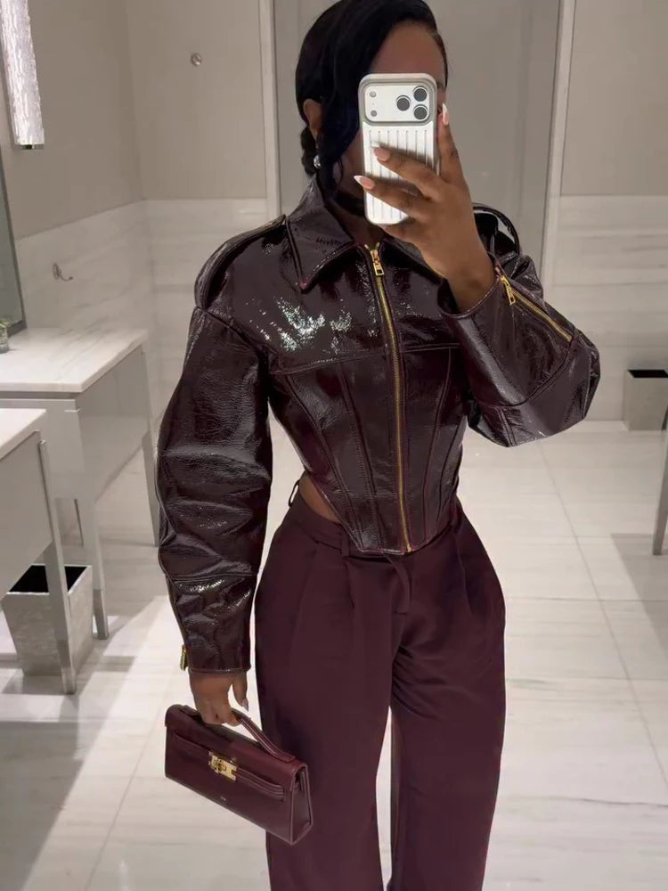 Women Retro Cinched-waist Coated Leather Jacket Casual Lapel Full Sleeve Zipper Fishbone Coats 2026 Lady Daily High Street Coat - Matrix Studios