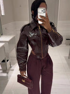 Women Retro Cinched-waist Coated Leather Jacket Casual Lapel Full Sleeve Zipper Fishbone Coats 2026 Lady Daily High Street Coat - Matrix Studios