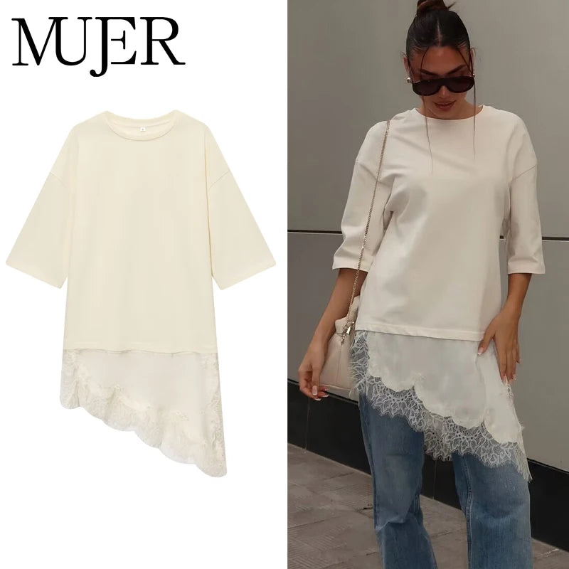 MUJER Polo Lace Women's T-shirt Asymmetric Tank Tops for Woman Short Sleeve Funny Woman T-shirts Streetwear Casual Tops Ladies - Matrix-studios.com