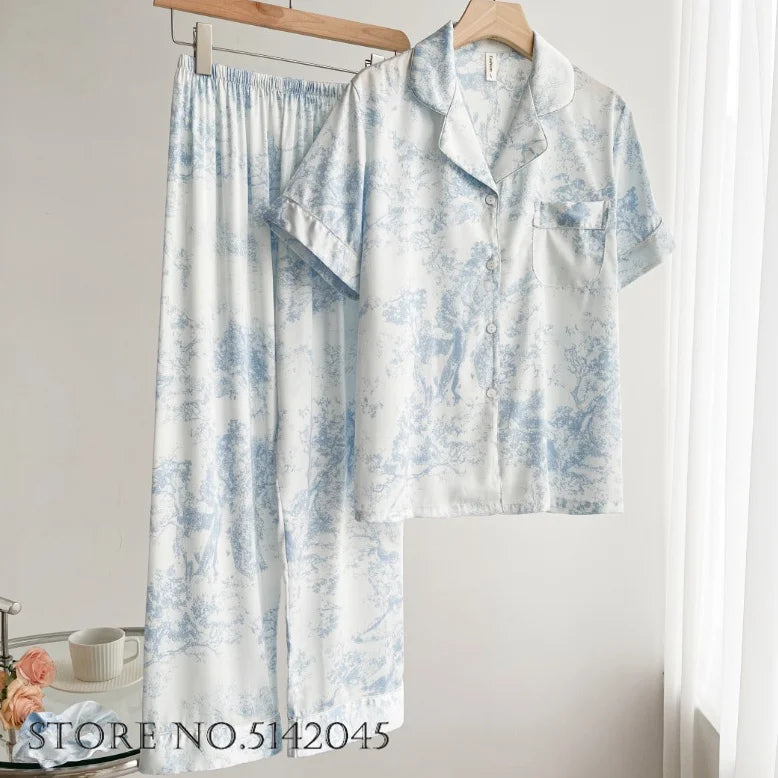 Fashion Print Flower 2PCS Pajamas Set Women Sleepwear Spring Summer Trouser Suits Lounge Wear Loose Satin Homewear Pijamas Suit - Matrix-studios.com