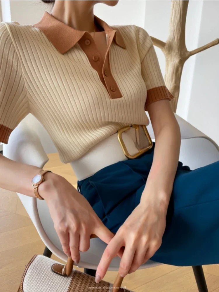 Fashion Summer T-shirts for Women Slim Fit Polo Women's T-shirt Collar Knitted Ice Silk T-shirt Knitting Elegant Crop Top - Matrix-studios.com