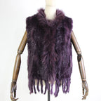 Harppihop womens natural real rabbit fur vest with raccoon fur collar waistcoat/jackets rex rabbit knitted winte - Matrix Studios
