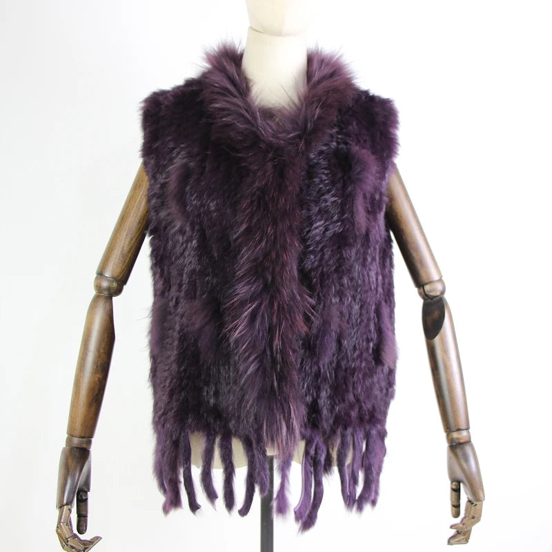 Harppihop womens natural real rabbit fur vest with raccoon fur collar waistcoat/jackets rex rabbit knitted winte - Matrix Studios
