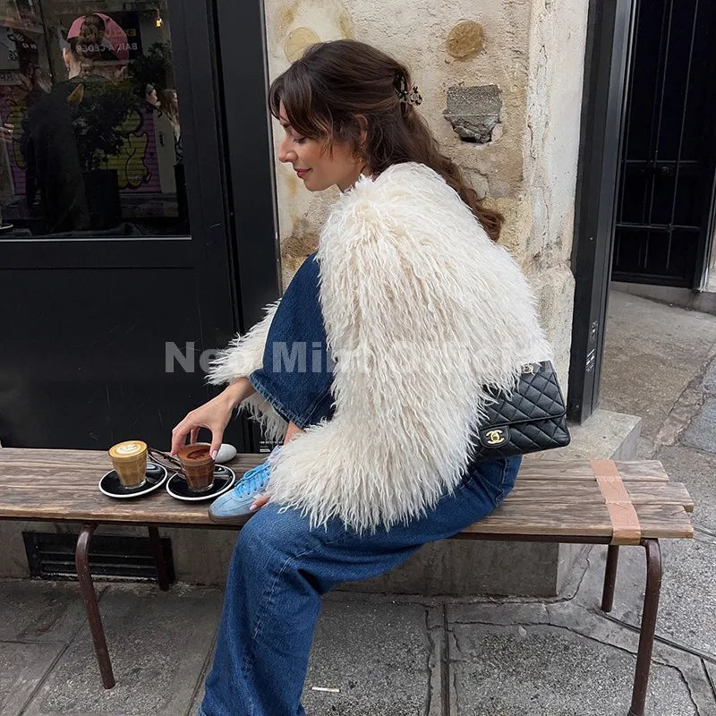 Neo Mint Chic Street Girls Round Neck Faux Mongolia Sheep Fur Coat Women 2025 Winter Fluffy Warm Fur Jacket Cropped Outerwear - Matrix Studios