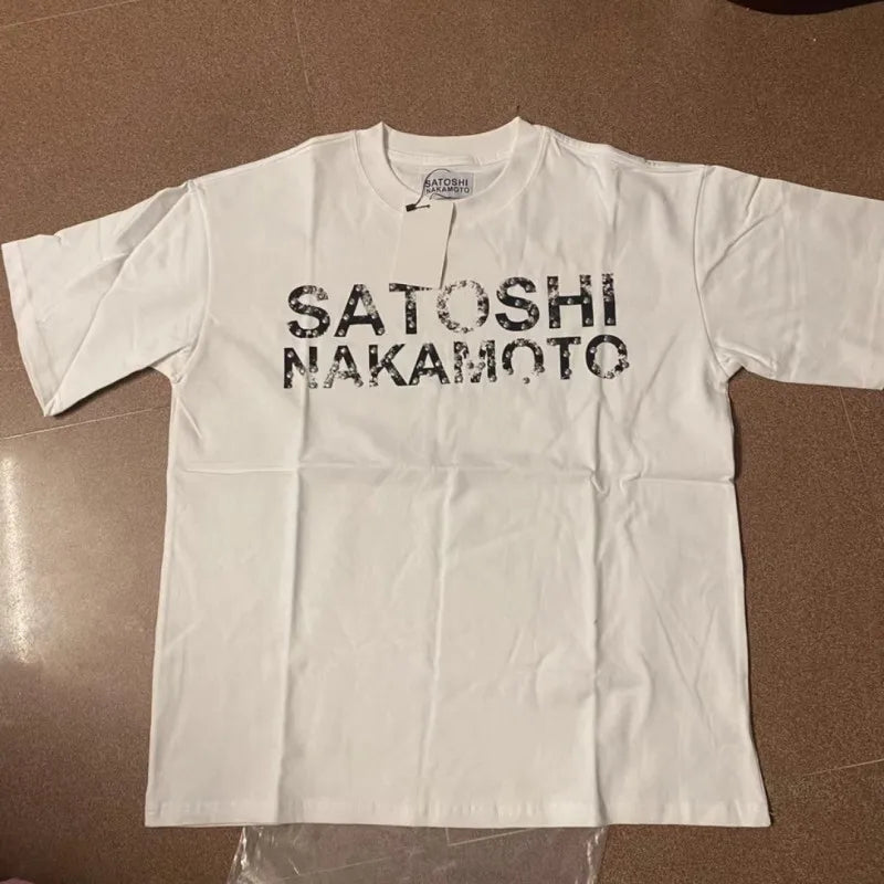 Real Photo SATOSHI Tshirts Vintage Distressed Faded Letter Print Rivets Breathable Cotton Round Neck Short Sleeve Men Women Tops - Matrix-studios.com