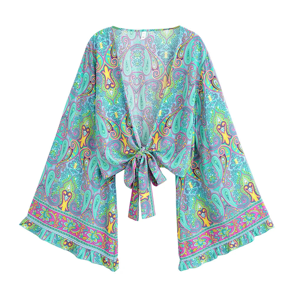 Boho Queens Women Wild Star and Moon Floral Beach Summer Short Kimono Ruffles Flare Sleeve Vacation Bohemian Bikini Cover-ups - Matrix Studios