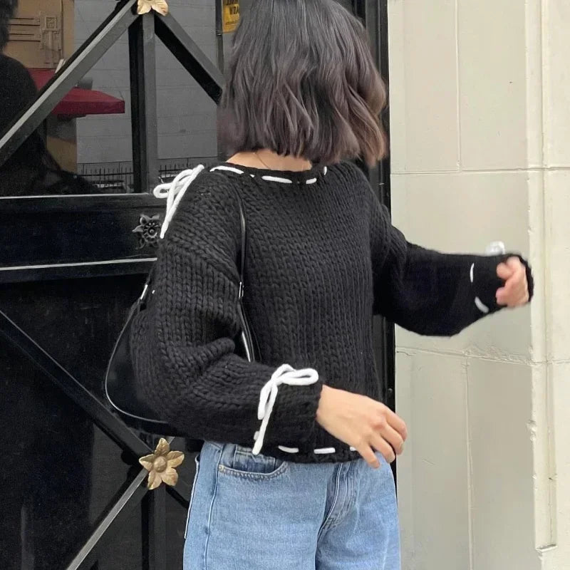 2024 Autumn Winter New Lace Up Knitted Sweater Women Y2K Long Sleeved Pullover Sweaters Female Fashionable Loose Knitwear Tops - Matrix Studios