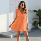 New summer women's fashionable temperament, casual and sexy commuting solid color lace jacquard hollow V-neck dress - Matrix-studios.com