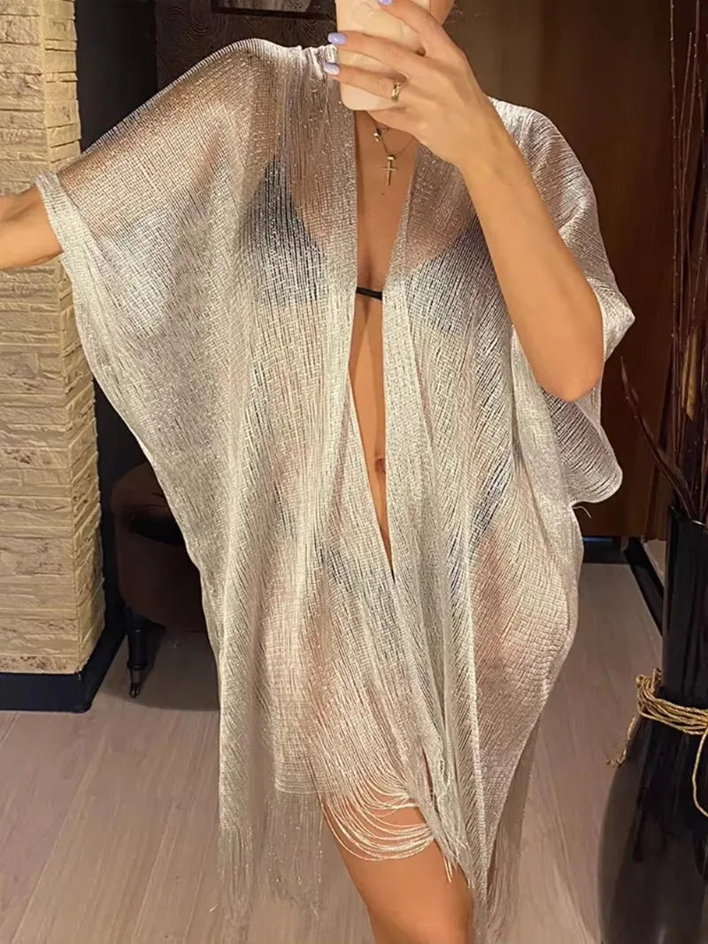 Swimsuit Cover-ups  Fashion Tassel Gold Bikini Beach Cover Up Sexy Beach Dress Tunics for Women Summer Wear See Through - Matrix Studios