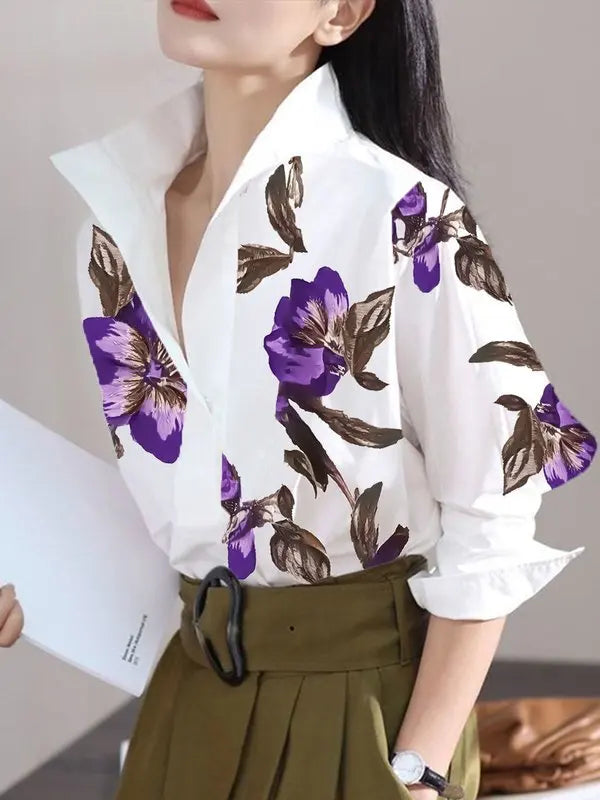 Modigirl 2025 Summer Spring Casual White Shirts for Women Long Sleeves Urban Elegant Stand Collar Woman Flower Print Blouse Tops - Matrix-studios.com