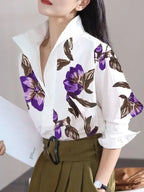 Modigirl 2025 Summer Spring Casual White Shirts for Women Long Sleeves Urban Elegant Stand Collar Woman Flower Print Blouse Tops - Matrix-studios.com