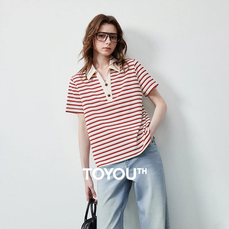 TOYOUTH Women's T-Shirt 2026 Summer New Hollow Stripe Color Block Polo Collar Nautical Top, Loose Fit Vintage Tee - Matrix-studios.com
