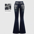 Jeans Flare Pants Women Vintage Boot Cut Embroidery Pockets Rhinestone Washed Female Distressed Denims Trousers Streetwear - Matrix-studios.com