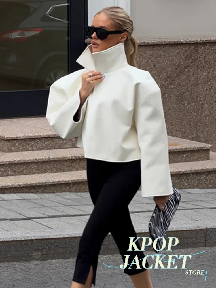 Women Cropped PU Leather Jacket Stand Collar Wide Flare Sleeve Asymmetrical Wrap Open Front Coat 2026 Autumn Chic Loose Jackets - Matrix Studios