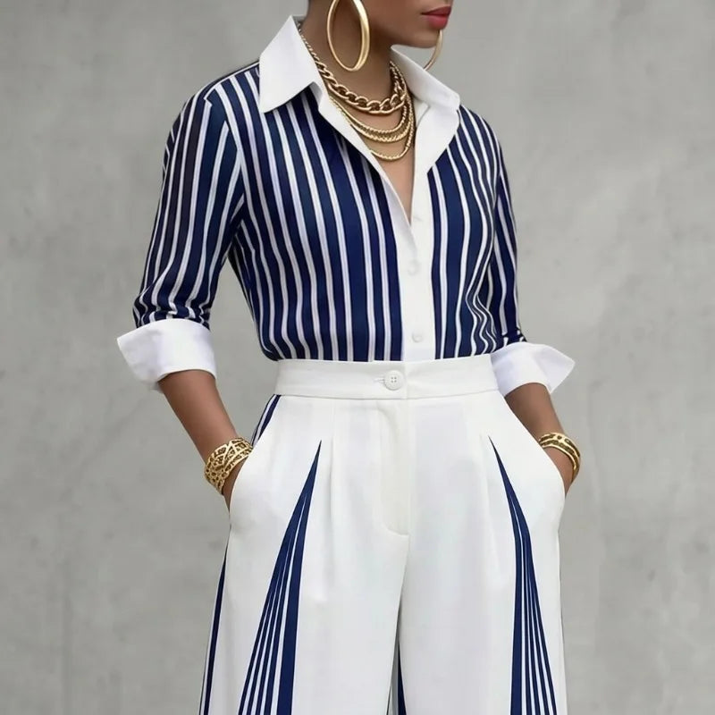 Yeezzi Women Formal Fashion Matching Set Contrast Color Striped Long Sleeve Lapel Blouse Wide Leg Full Length Pants 2 Piece Sets - Matrix-studios.com