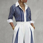 Yeezzi Women Formal Fashion Matching Set Contrast Color Striped Long Sleeve Lapel Blouse Wide Leg Full Length Pants 2 Piece Sets - Matrix-studios.com