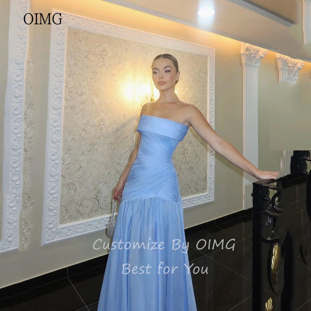 OIMG Maxi Strapless A Line Prom Gowns Backless Pleated Party Gown Floor Length Evening Dress vestidos de gala Customized - Matrix-studios.com