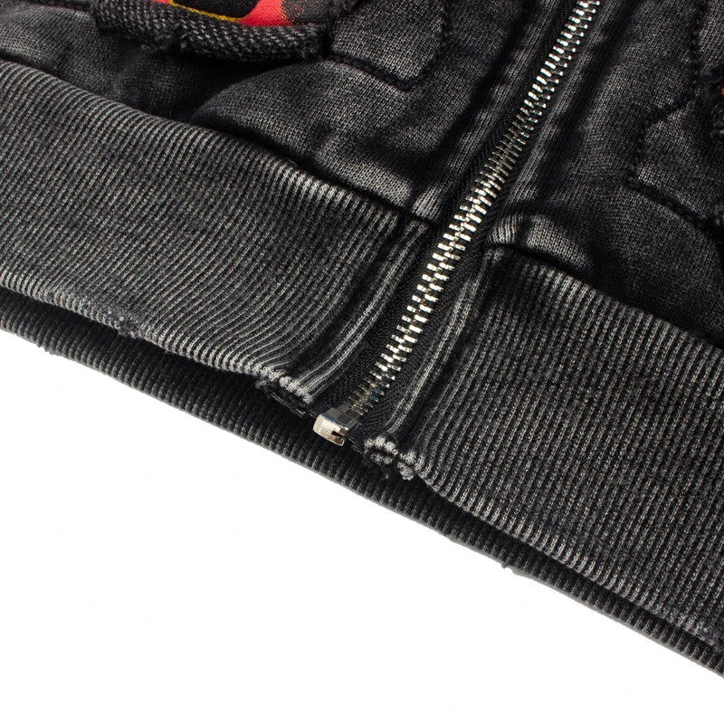 2XL Hiphop Street Distressed Washed Worn SATOSHI Zip-up Hoodie Flame Skeleton Vintage Faded Print Jacket Men Women Terry Outfit - Matrix-studios.com
