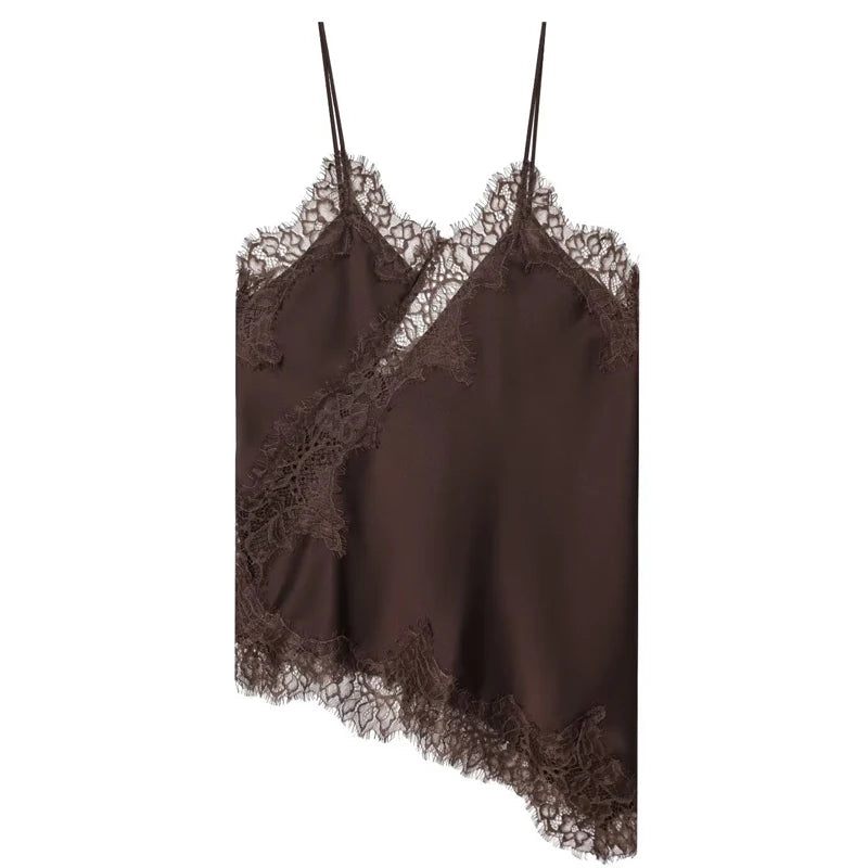 HXAO Asymmetrical Slip Top Women Summer 2025 Y2K Tanks & Camis Lace Black Off Shoulder Top Elegant Sleeveless Backless Camisole - Matrix-studios.com