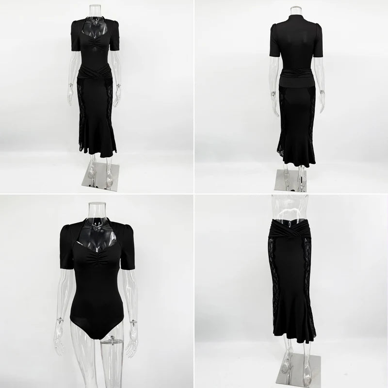 Ticketsx Sexy Lace Dress Set Women Fashion V-Neck See-Through Patchwork Pleated Slim Skirts Set Elegant Party Evening Dress Set - Matrix-studios.com