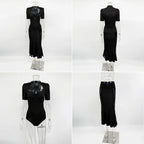 Ticketsx Sexy Lace Dress Set Women Fashion V-Neck See-Through Patchwork Pleated Slim Skirts Set Elegant Party Evening Dress Set - Matrix-studios.com