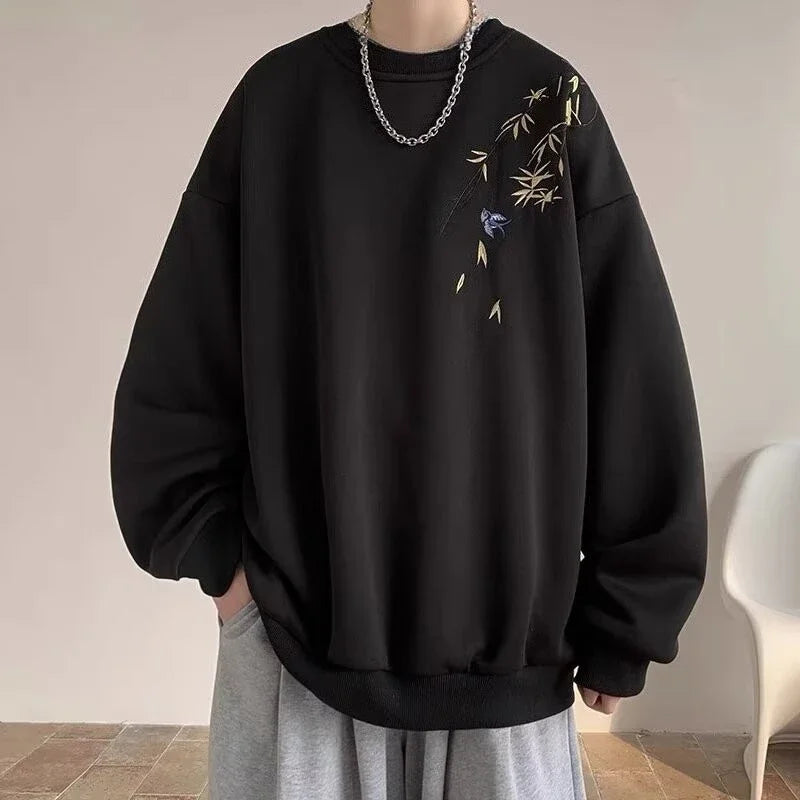 New Chinese Bird Print M-8XL Men Oversized Sweatshirt Fashion Loose Long Sleeve Couple Clothes - Matrix Studios