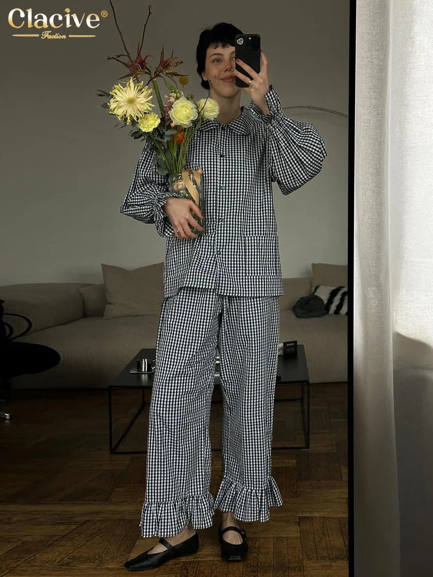 Clacive Fashion Loose Plaid Cotton Women's 3 Pieces Set 2025 Elegant Long Sleeve Shirt With High Wiast Wide Pants Set Female - Matrix-studios.com