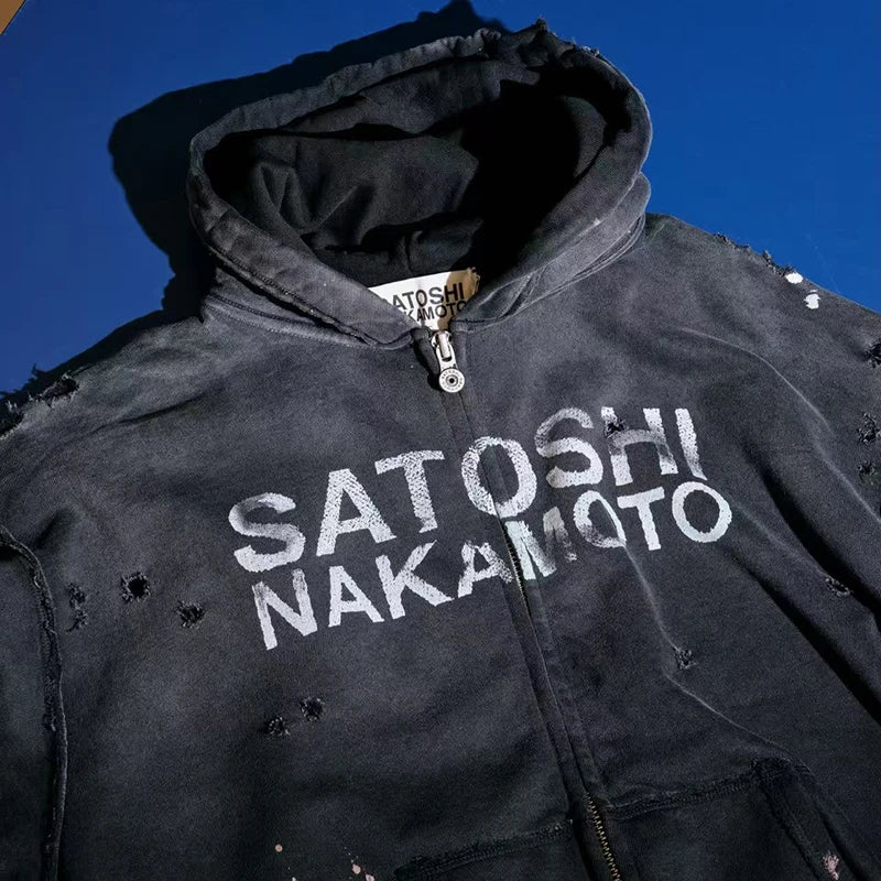 26FW Satoshi Nakamoto Zip Up Hoodie Vintage Distressed High Street Worn Out Print Men Women Hooded Pullover Real Photo - Matrix-studios.com