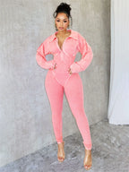 Weird Puss Washed Distressed Jumpsuit Women Ribbed V-Neck Solid SKinny Long Sleeve Fall Casual Trend Simple Activity Streetwear - Matrix Studios