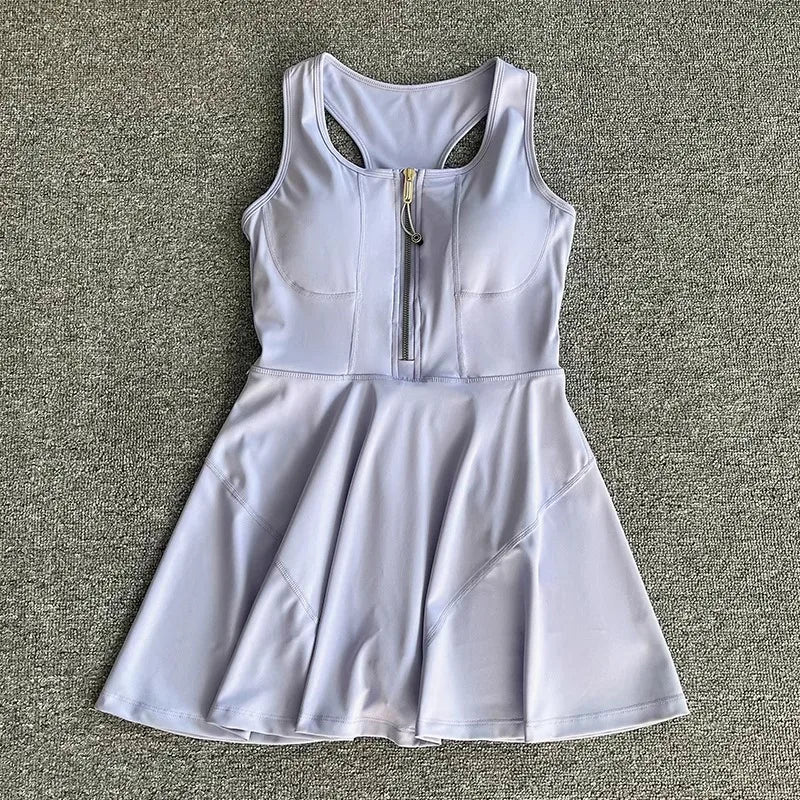 Tennis Skirt Casual Half Zipper Sports Fitness Dress Anti-Running High Waist Slim Golf Yoga Dress - Matrix-studios.com