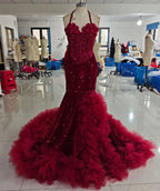 Sparkling Glitter Red Long Prom Dreses Mermaid Beaded Halter Ruffles High Slit Evening Gown Birthday Party Gala Dress Customized - Matrix Studios