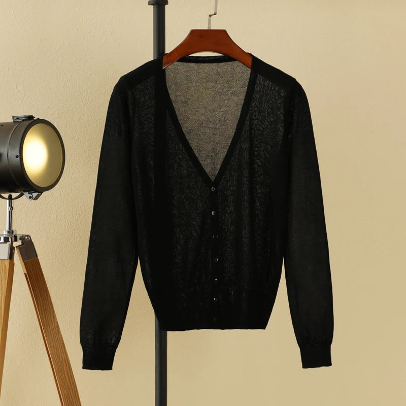 Summer Cardigan Women Cropped Korean Fashion Style Female Black Women's Coat Clothing V-neck Ladies Sweater Outerwear Cute Basic - Matrix Studios