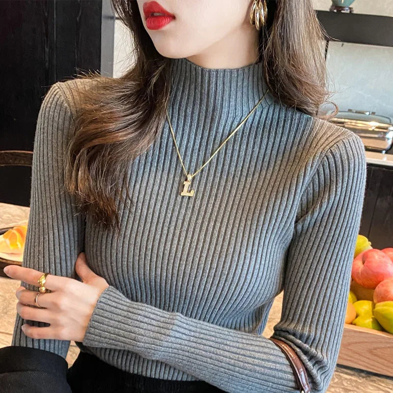 Winter Long Sleeve Mock Neck Knitted Women Sweater Pullover Slim Knit Sweater Women Tops Blusas Mujer De Moda 2024 Blusa J995 - Matrix Studios