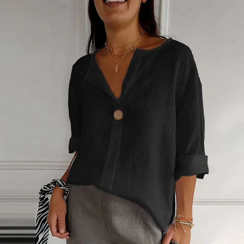 VEITCHE Spring Summer Women's Shirt Blouses Top V-neck Button Tee Shirts  3/4 Sleeve Casual Cotton Linen Top Loose Fit Pullover - Matrix-studios.com