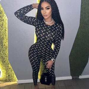 Retro Jumpsuit Women Sexy Slim Fit Moon Print Long Sleeve Tight Leggings Round Neck Versatile Casual Wear Autumn Fashion - Matrix Studios